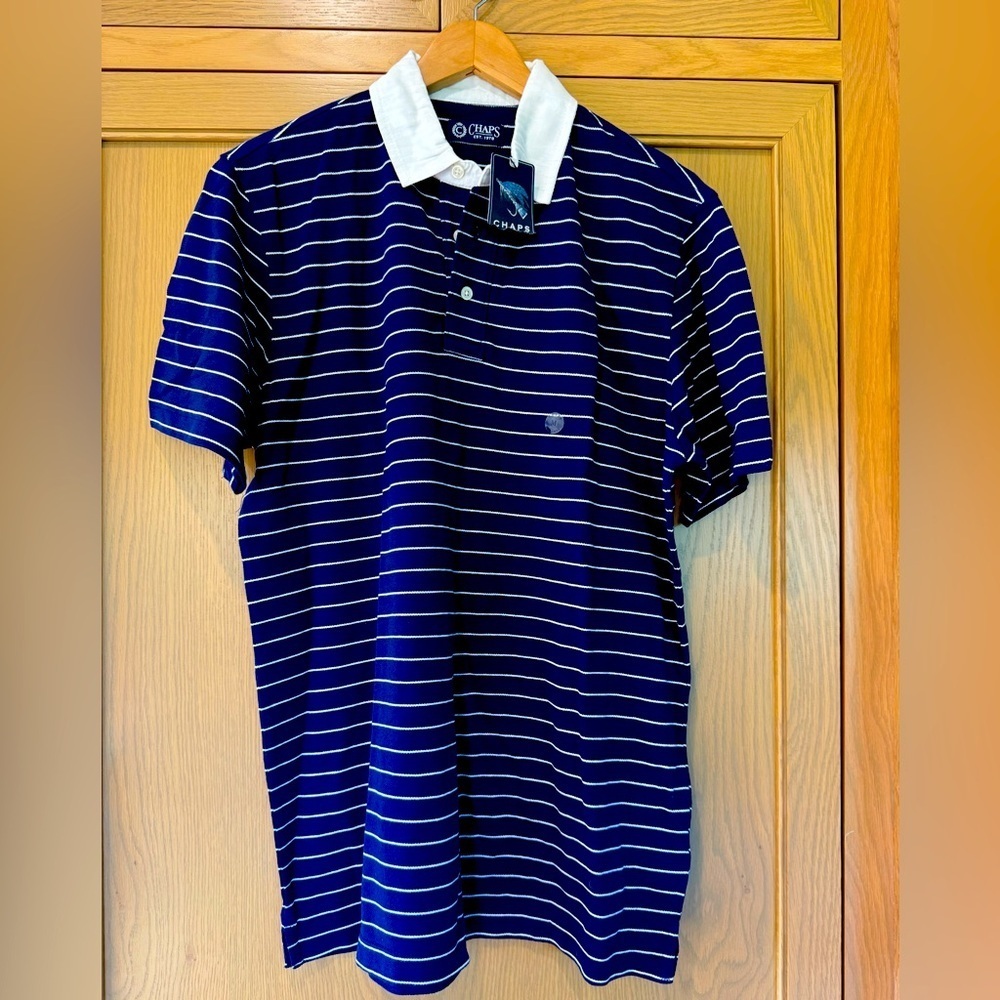 NWT Chaps Classic Blue and White Striped Polo Shirt Pullover Cotton / medium